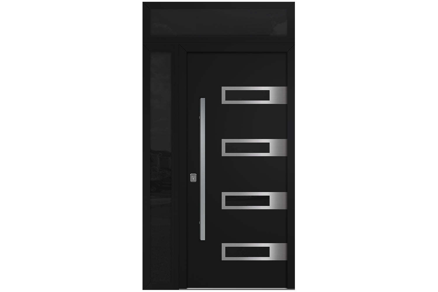 Nova Inox S4 Black Modern Exterior Door w Left Sidelight & Transom Right-in