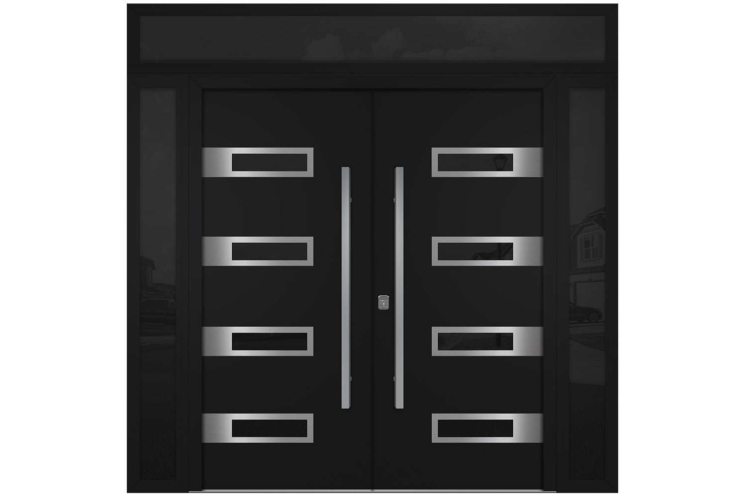 Nova Inox S4 Black Modern Exterior Double Door w Double Sidelight & Transom Right Door Active