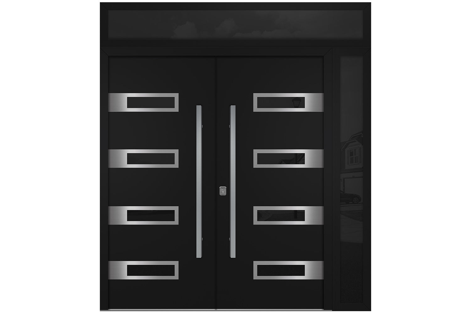 Nova Inox S4 Black Modern Exterior Double Door w Right Sidelight & Transom Right Door Active