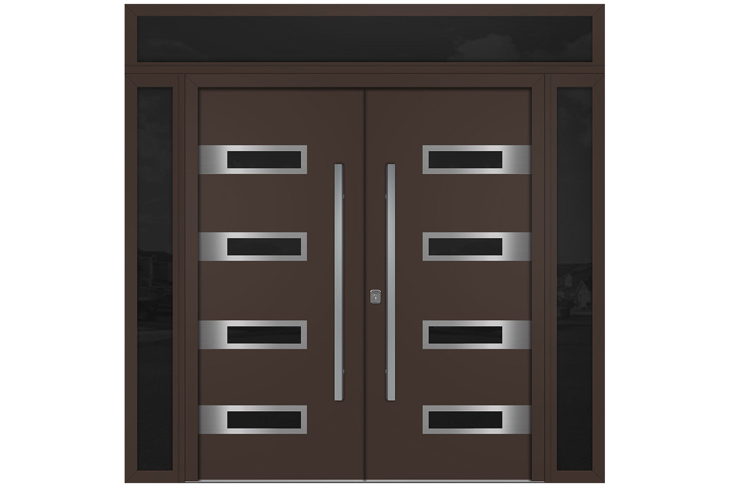 Nova Inox S4 Brown Modern Exterior Double Door w Double Sidelight & Transom Right Door Active