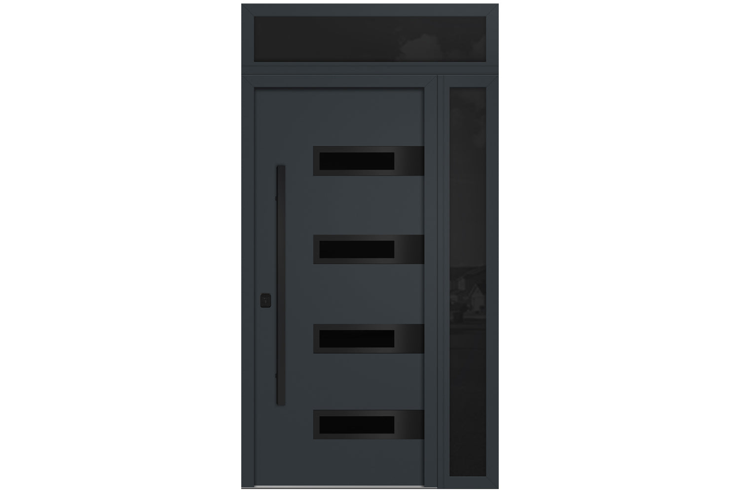 Nova Inox S4 Gray Modern Exterior Door with Black Stainless Steel - with Right Sidelight & Transom