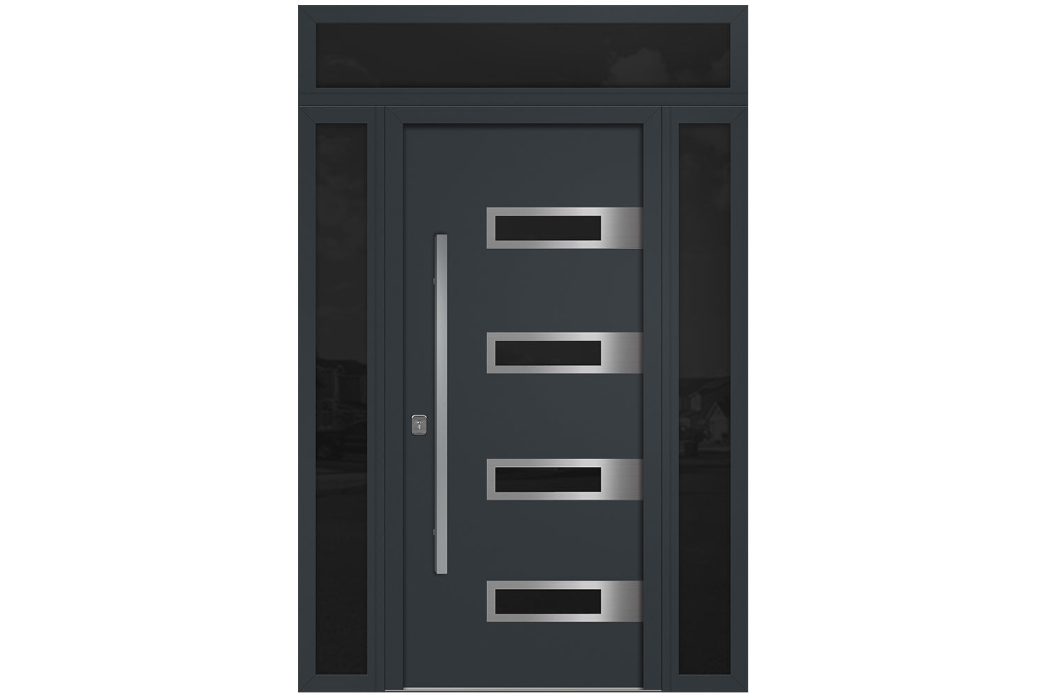 Nova Inox S4 Gray Modern Exterior Door w Double Sidelight & Transom Right-in