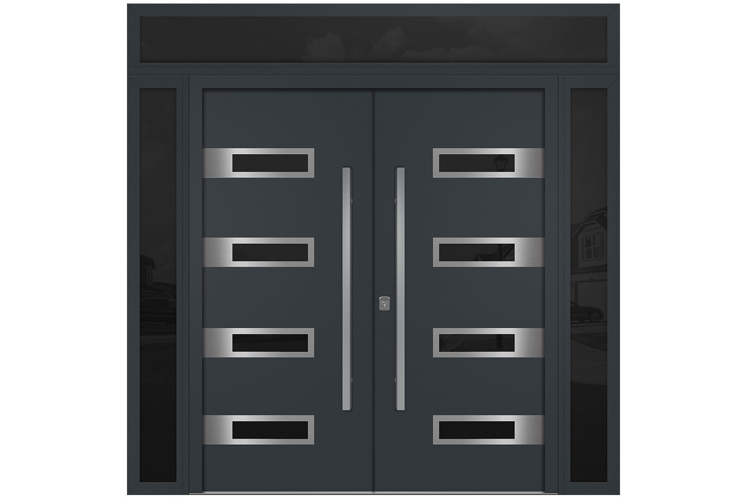 Nova Inox S4 Gray Modern Exterior Double Door w Double Sidelight & Transom Right Door Active