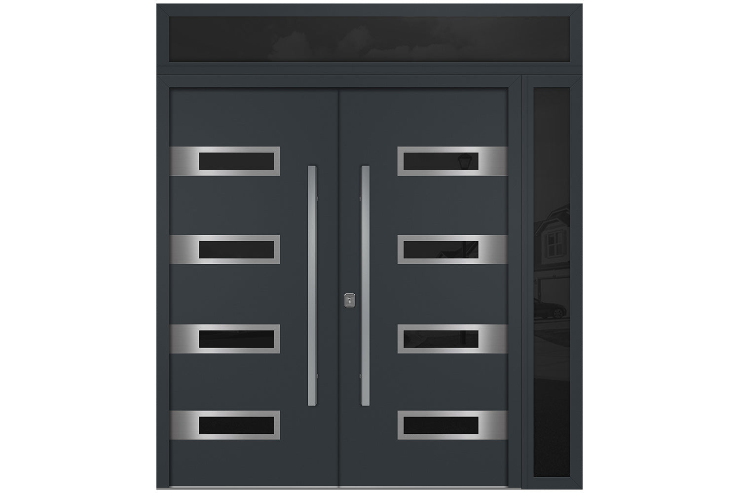 Nova Inox S4 Gray Modern Exterior Double Door w Right Sidelight & Transom Right Door Active