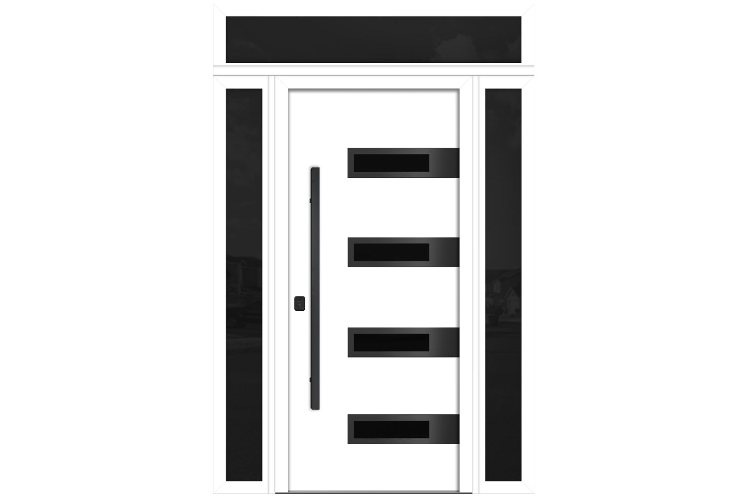 Nova Inox S4 White Modern Exterior Door with Black Stainless Steel - with Double Sidelight & Transom