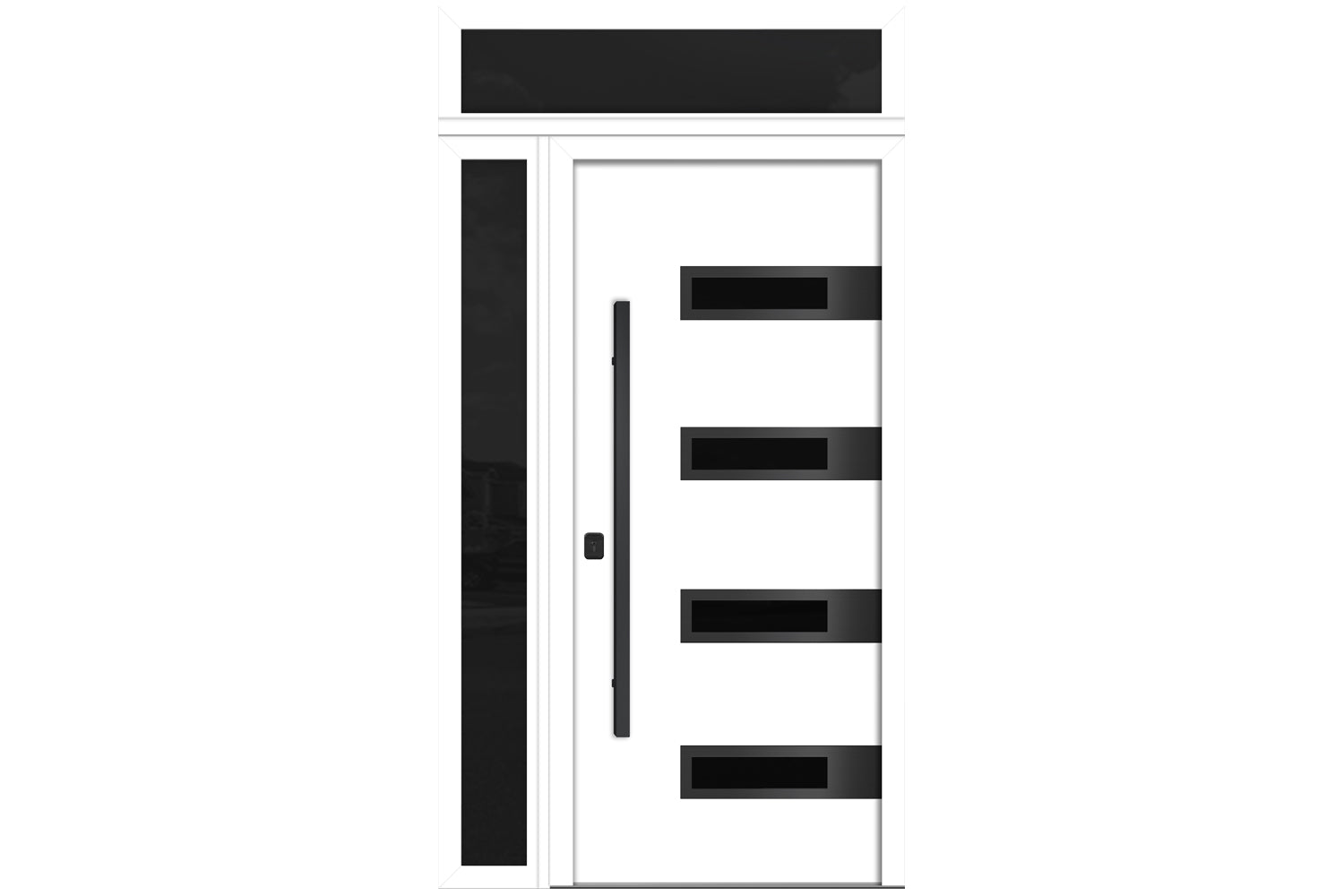 Nova Inox S4 White Modern Exterior Door with Black Stainless Steel - with Left Sidelight & Transom