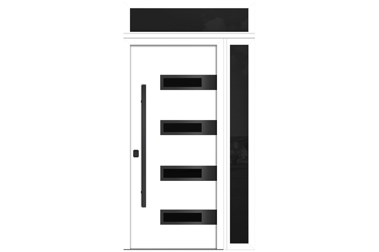 Nova Inox S4 White Modern Exterior Door with Black Stainless Steel - with Right Sidelight & Transom