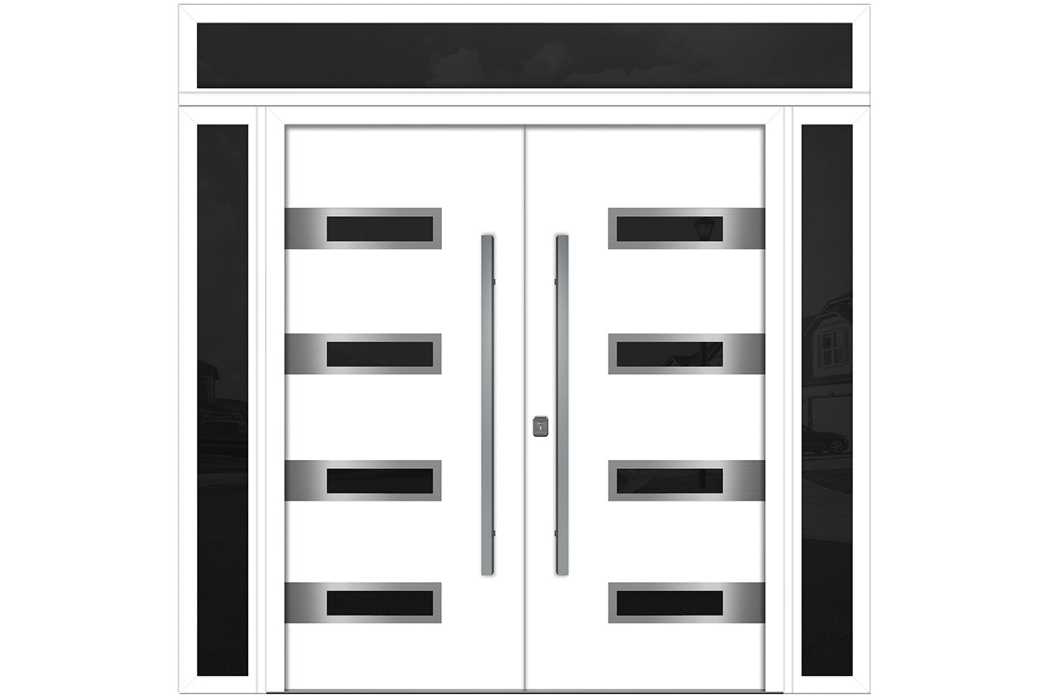 Nova Inox S4 White Modern Exterior Double Door w Double Sidelight & Transom Right Door Active