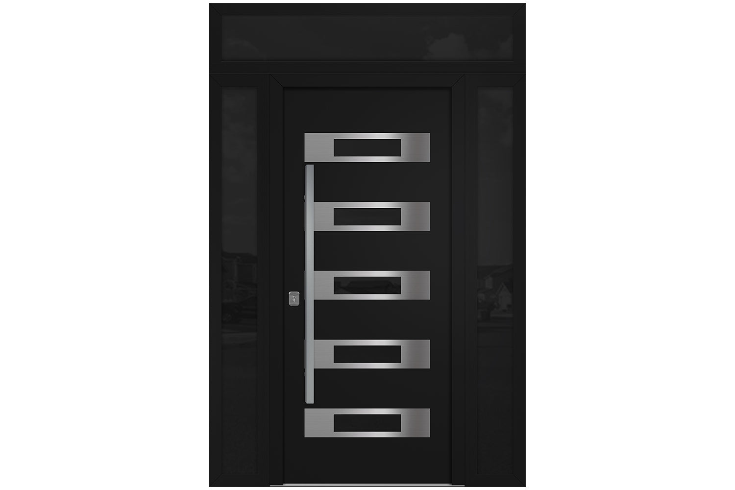 Nova Inox S5 Black Modern Exterior Door w Double Sidelight & Transom Right-in