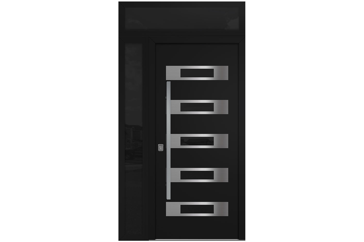 Nova Inox S5 Black Modern Exterior Door w Left Sidelight & Transom Right-in