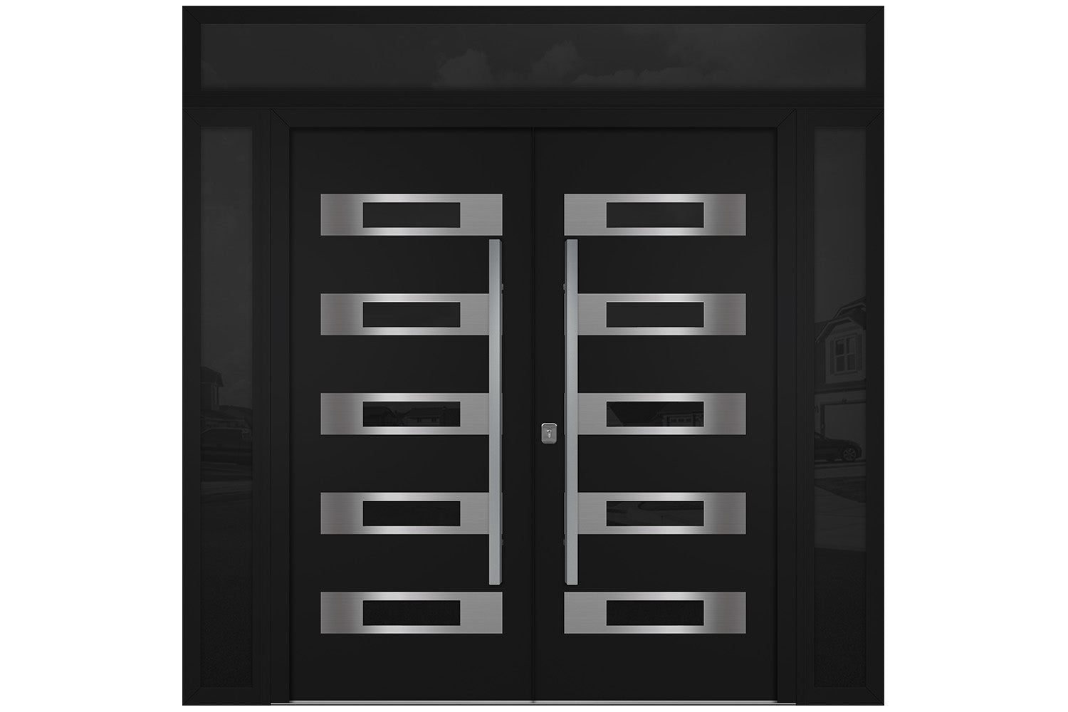 Nova Inox S5 Black Modern Exterior Double Door w Double Sidelight & Transom Right Door Active