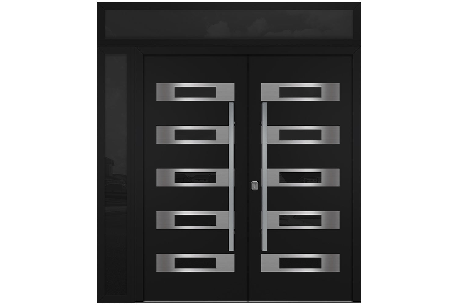 Nova Inox S5 Black Modern Exterior Double Door w Left Sidelight & Transom Right Door Active