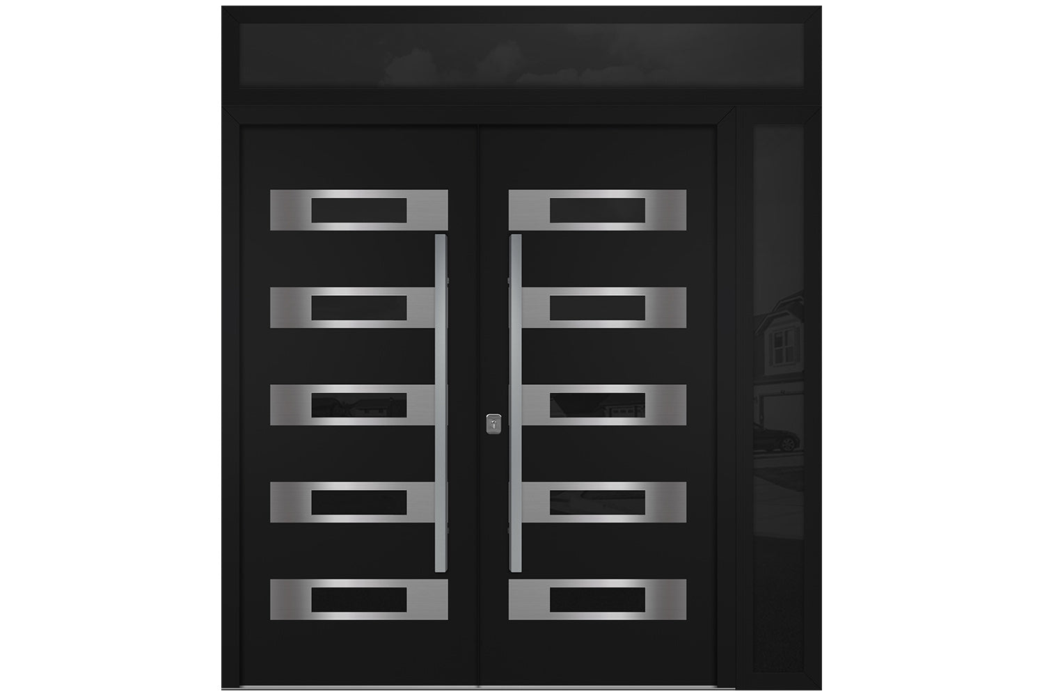 Nova Inox S5 Black Modern Exterior Double Door w Right Sidelight & Transom Right Door Active