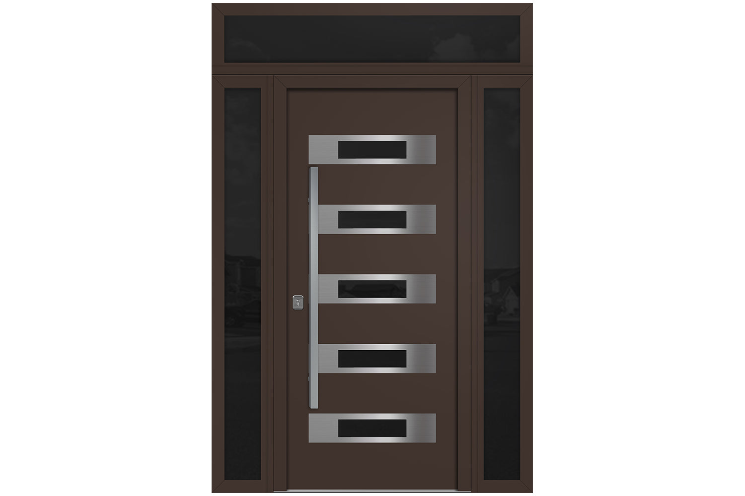 Nova Inox S5 Brown Modern Exterior Door w Double Sidelight & Transom Right-in