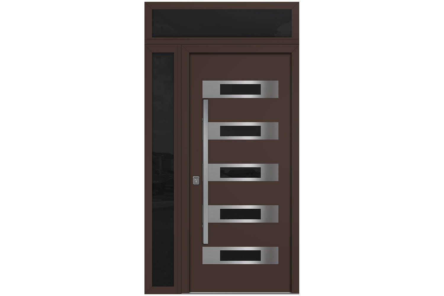 Nova Inox S5 Brown Modern Exterior Door w Left Sidelight & Transom Right-in