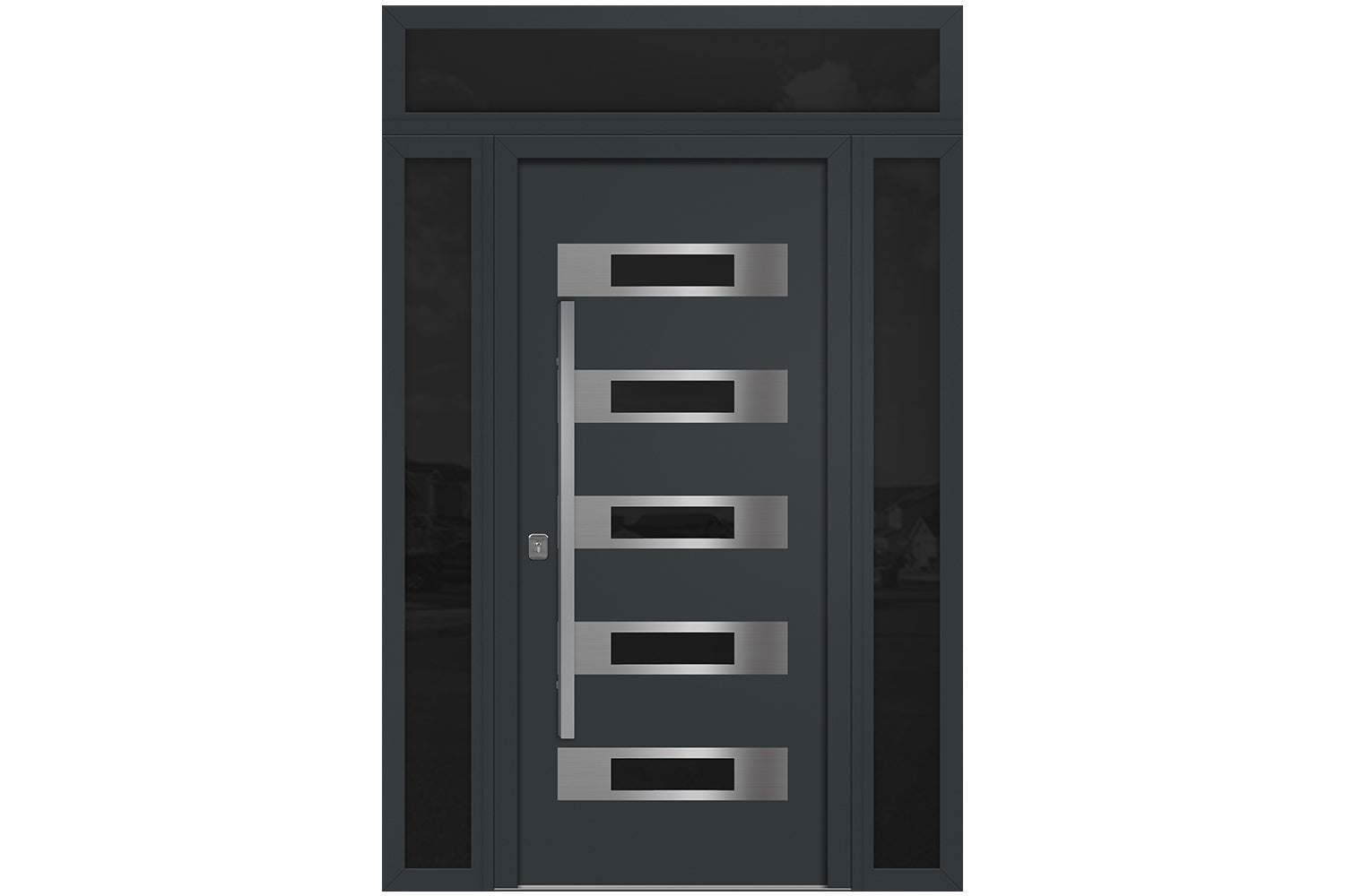 Nova Inox S5 Gray Modern Exterior Door w Double Sidelight & Transom Right-in
