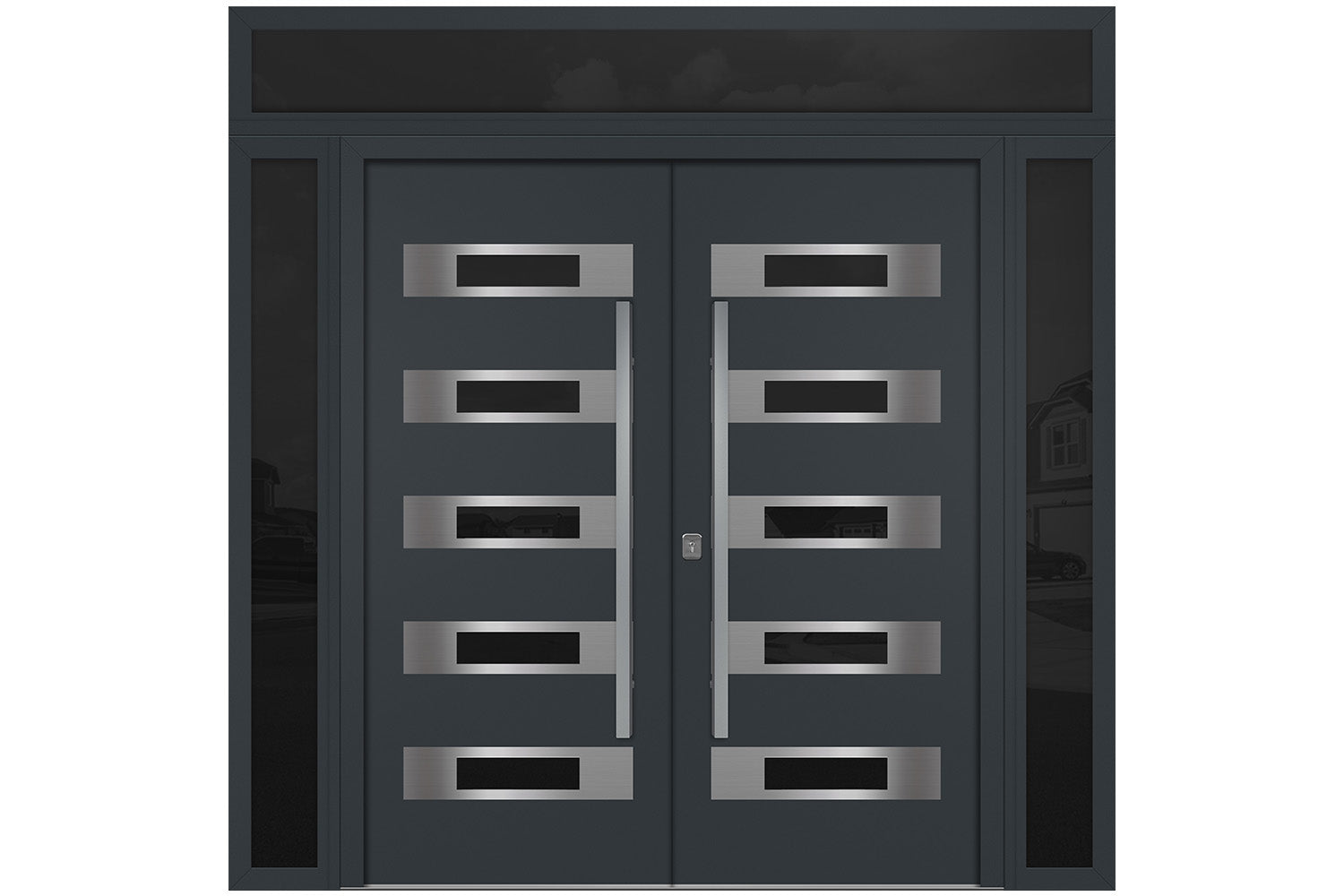 Nova Inox S5 Gray Modern Exterior Double Door w Double Sidelight & Transom Right Door Active