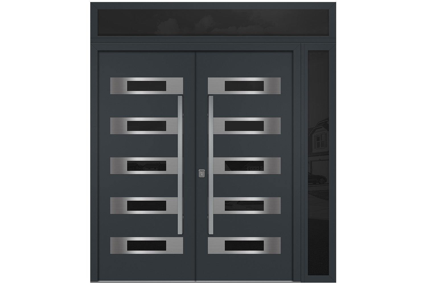 Nova Inox S5 Gray Modern Exterior Double Door w Right Sidelight & Transom Right Door Active