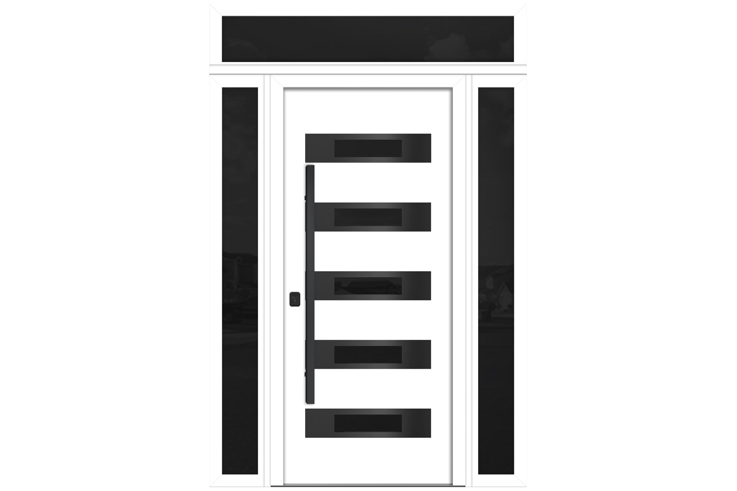 Nova Inox S5 White Modern Exterior Door with Black Stainless Steel - with Double Sidelight & Transom