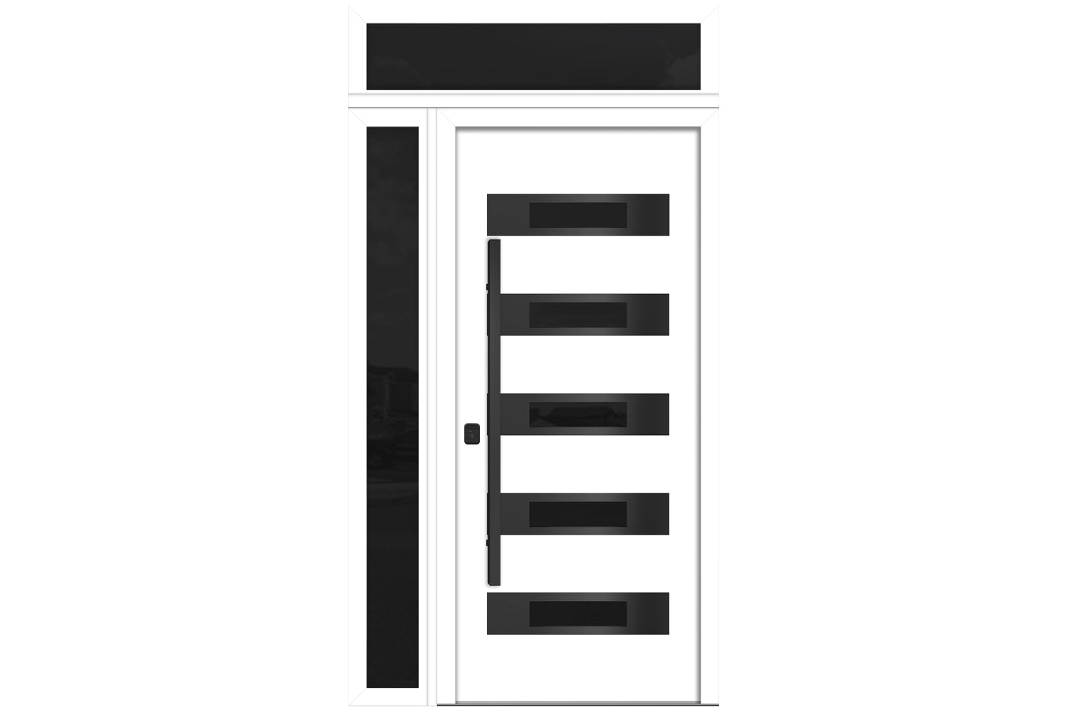 Nova Inox S5 White Modern Exterior Door with Black Stainless Steel - with Left Sidelight & Transom