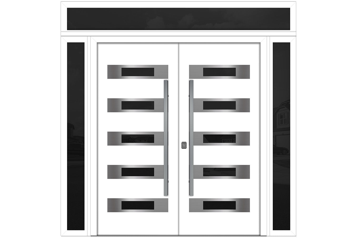 Nova Inox S5 White Modern Exterior Double Door w Double Sidelight & Transom Right Door Active