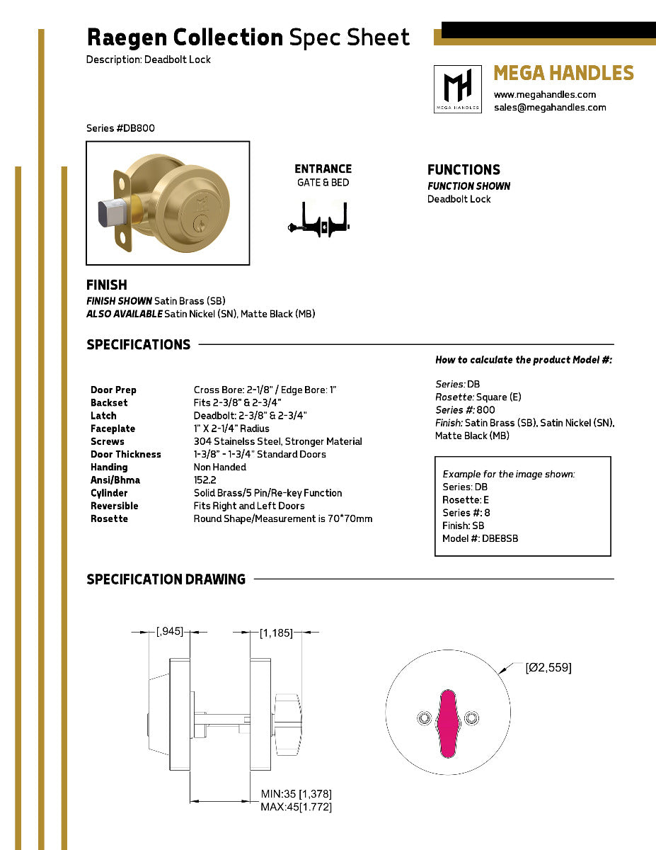 Mega Handles Raegen Deadbolt Satin Nickel SN
