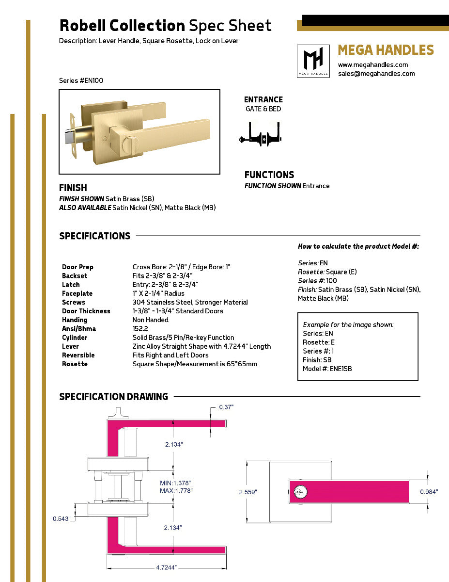 Mega Handles Robell Single Tubular Entry Handleset Short Satin Brass SB
