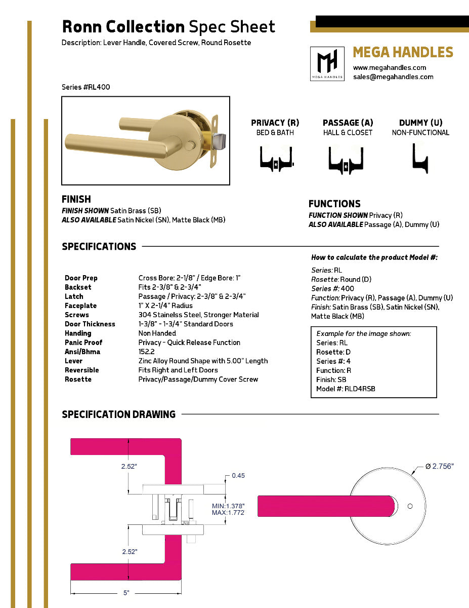 Mega Handles Ronn Lever Satin Brass SB