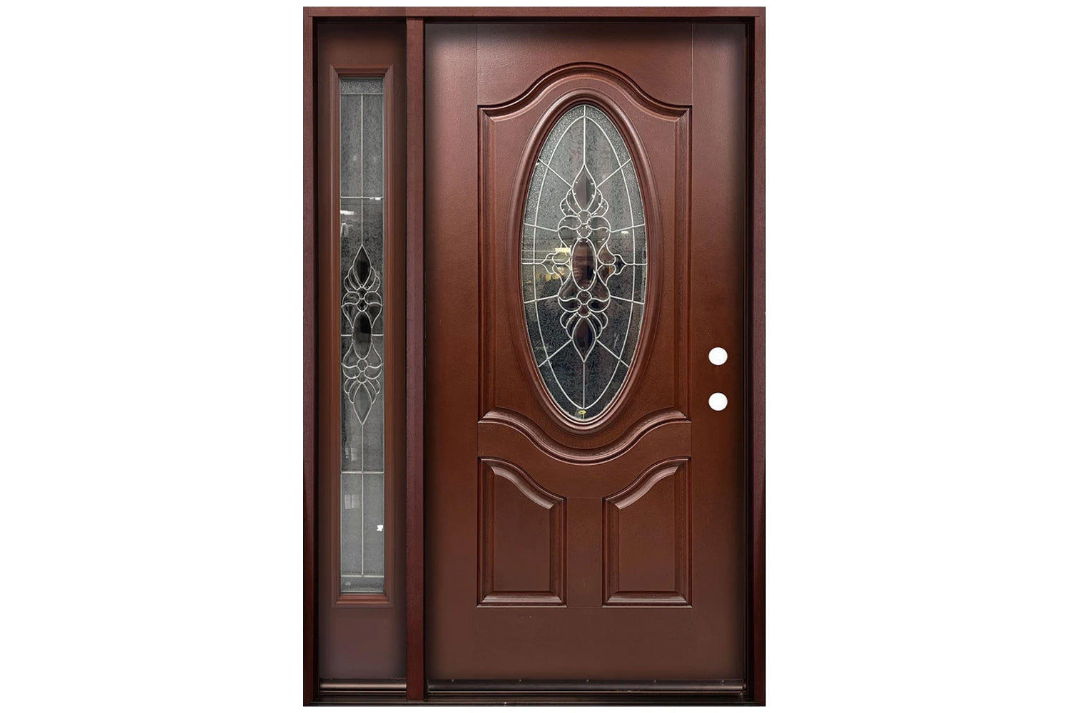 Santree 2POV 800E Mahogany Fiberglass Exterior Door with left sidelite 12"