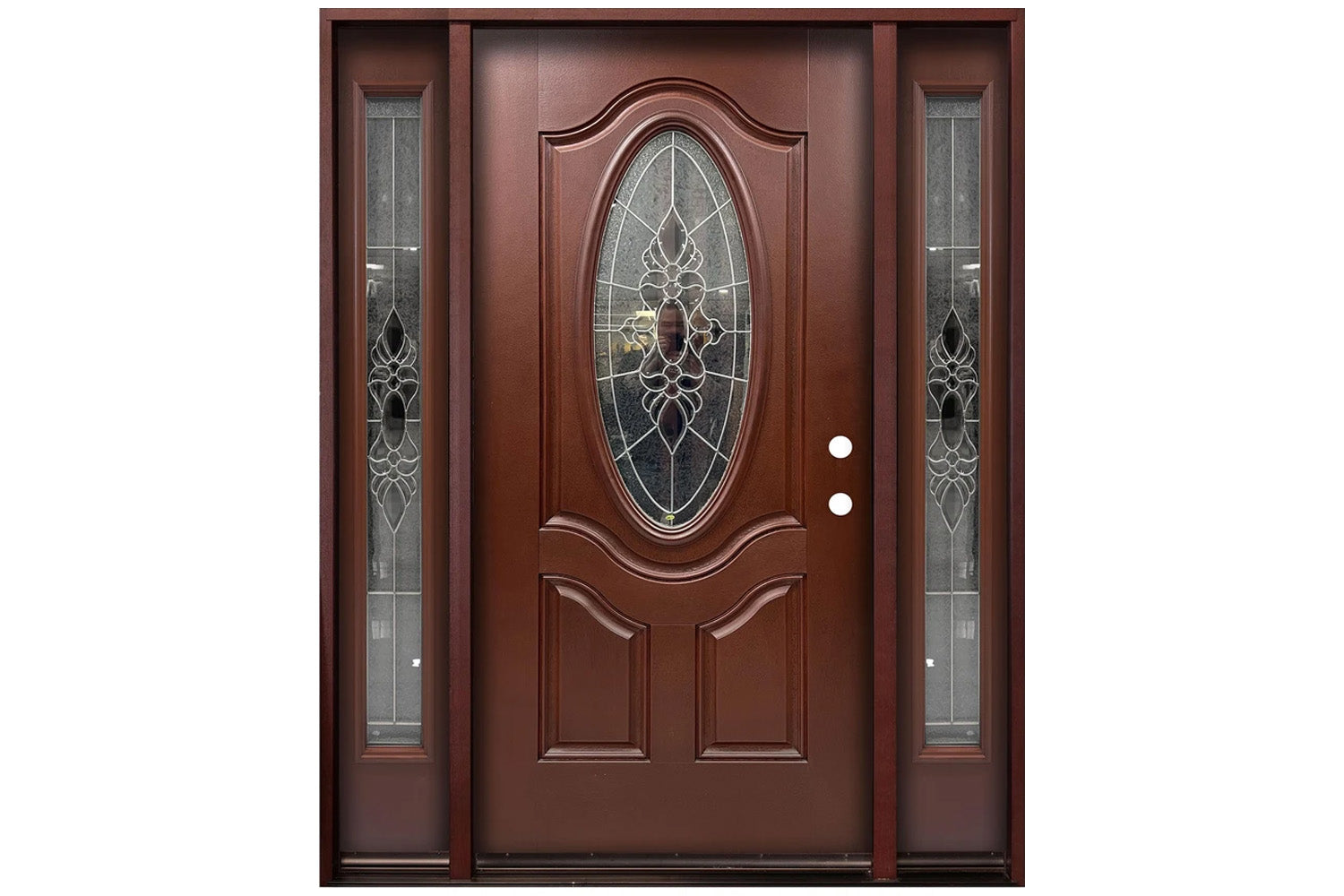 Santree 2POV 800E Mahogany Fiberglass Exterior Door with double sidelite 12"