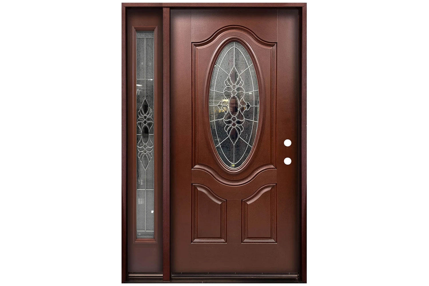 Santree 2POV 800E Mahogany Fiberglass Exterior Door with left sidelite 14"