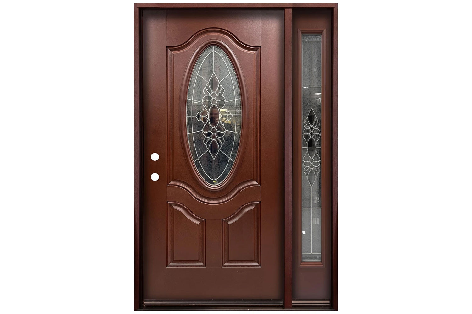Santree 2POV 800E Mahogany Fiberglass Exterior Door with right sidelite 14"