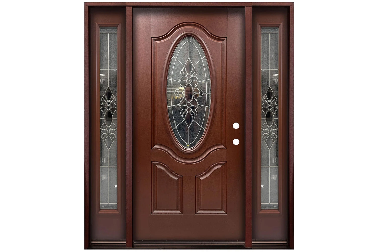 Santree 2POV 800E Mahogany Fiberglass Exterior Door with double sidelite 14"