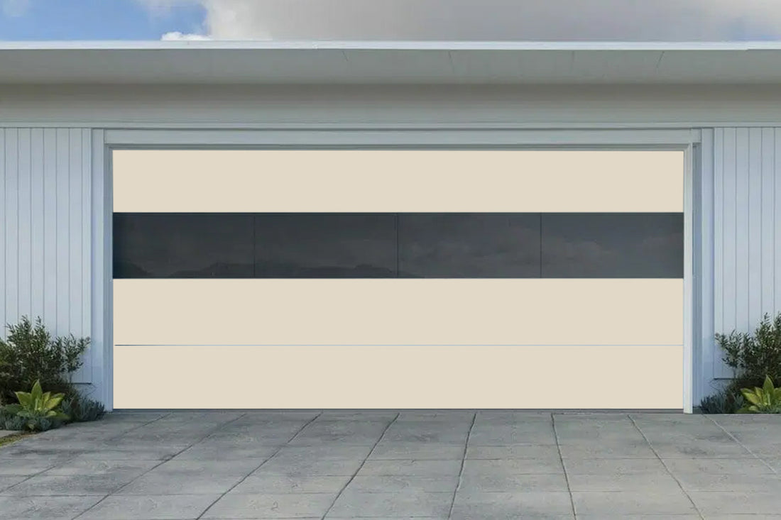 CHI Contemporary Sterling Insulated Modern Garage Doors with 2 row glass in Almond