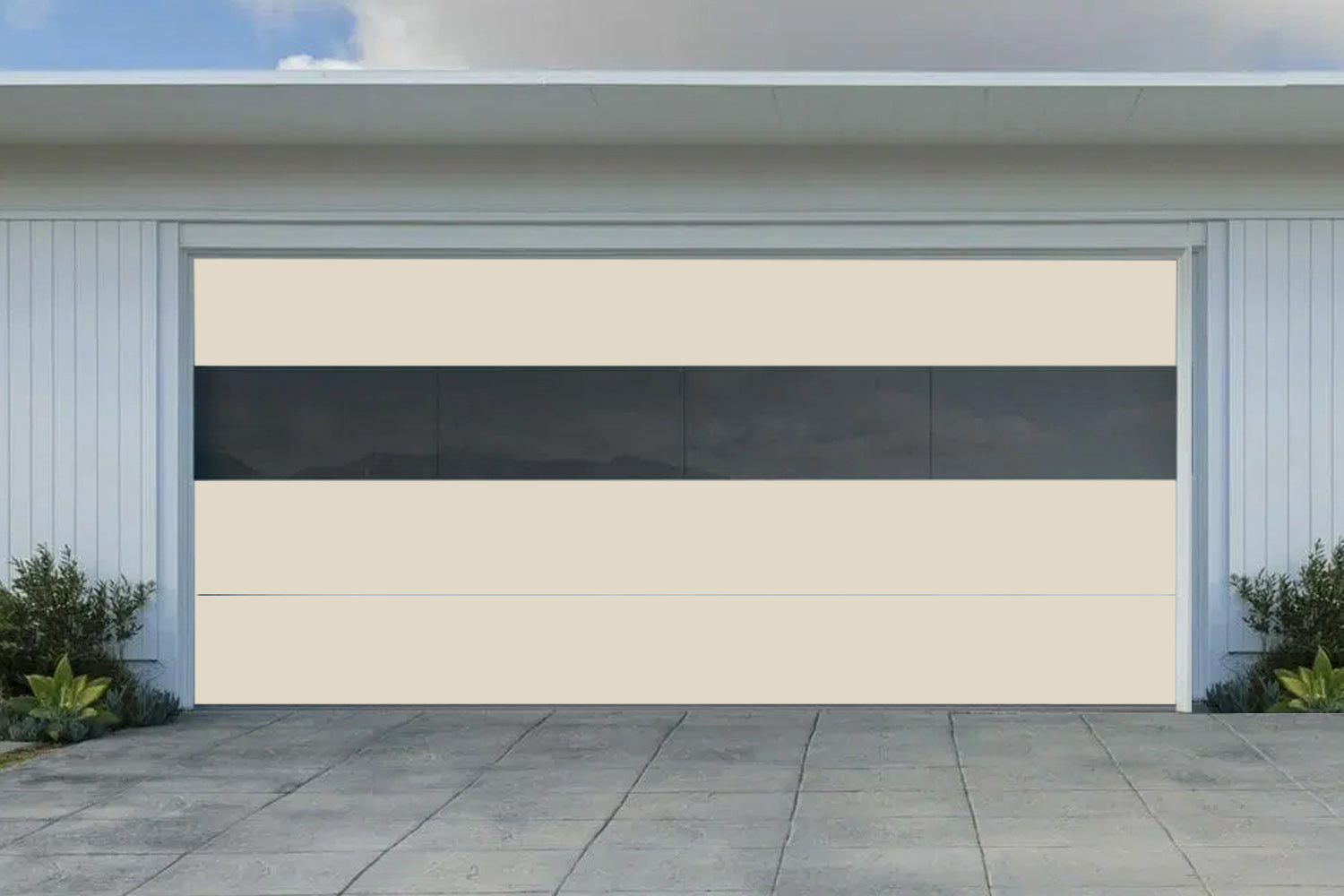 CHI Contemporary Sterling Insulated Modern Garage Doors with 2 row glass in Almond