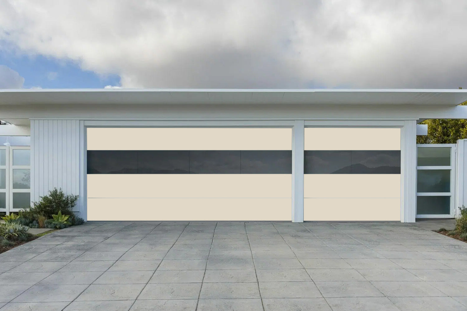 CHI Contemporary Sterling Insulated Modern Garage Doors with 2 row glass in Almond