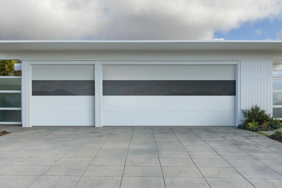 CHI Contemporary Sterling Insulated Modern Garage Doors with 2 row glass in Bone White