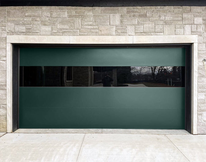 CHI Contemporary Sterling Insulated Modern Garage Doors with 2 row glass in Hartford Green