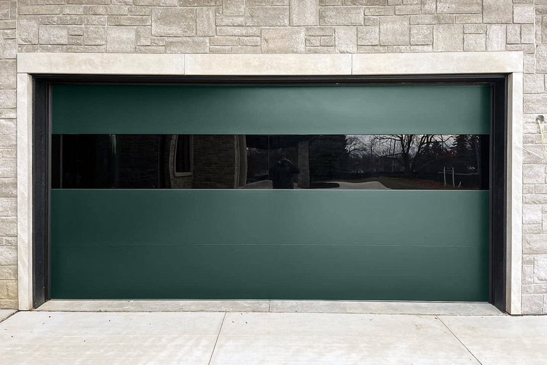 CHI Contemporary Sterling Insulated Modern Garage Doors with 2 row glass in Hartford Green
