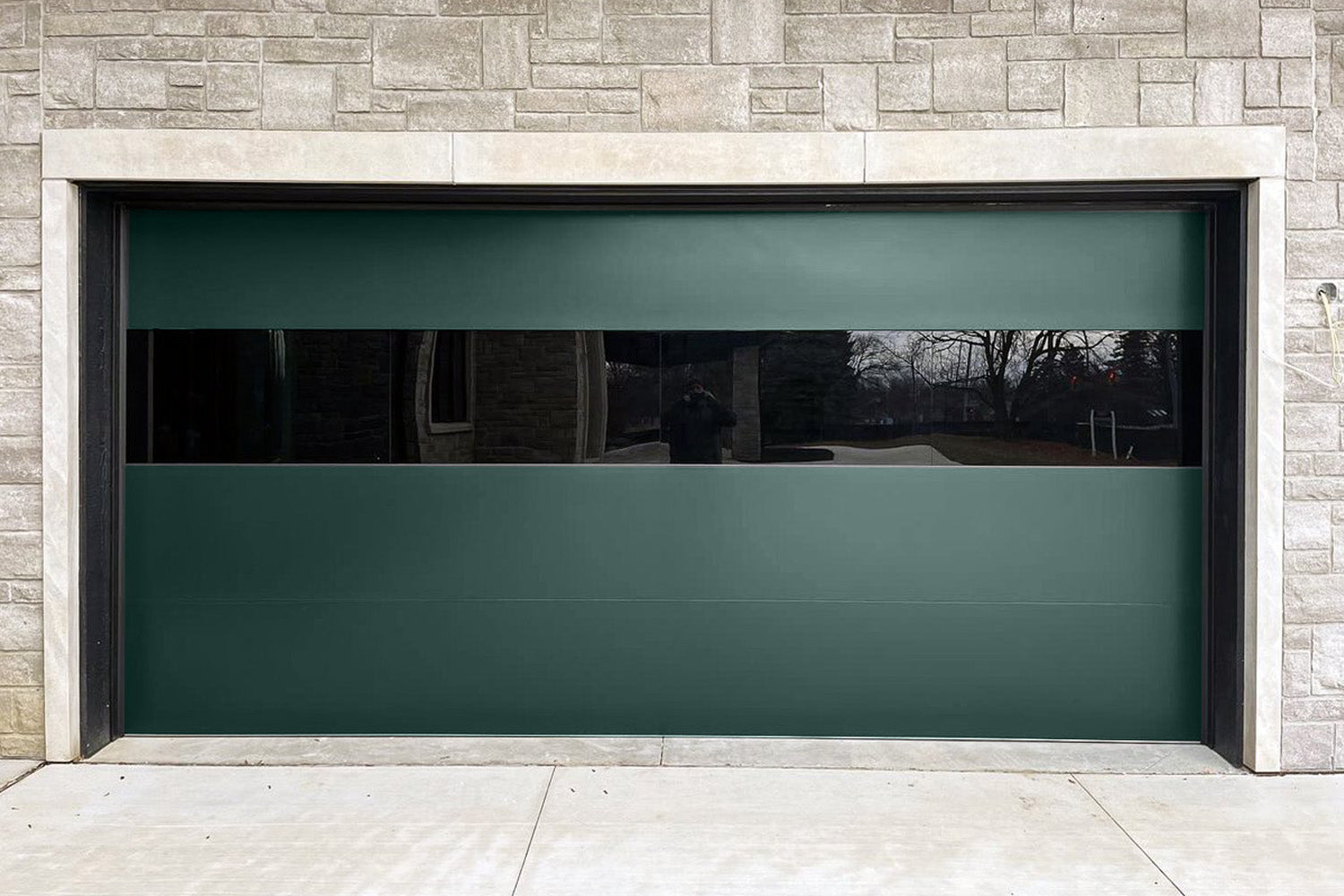 CHI Contemporary Sterling Insulated Modern Garage Doors with 2 row glass in Hartford Green