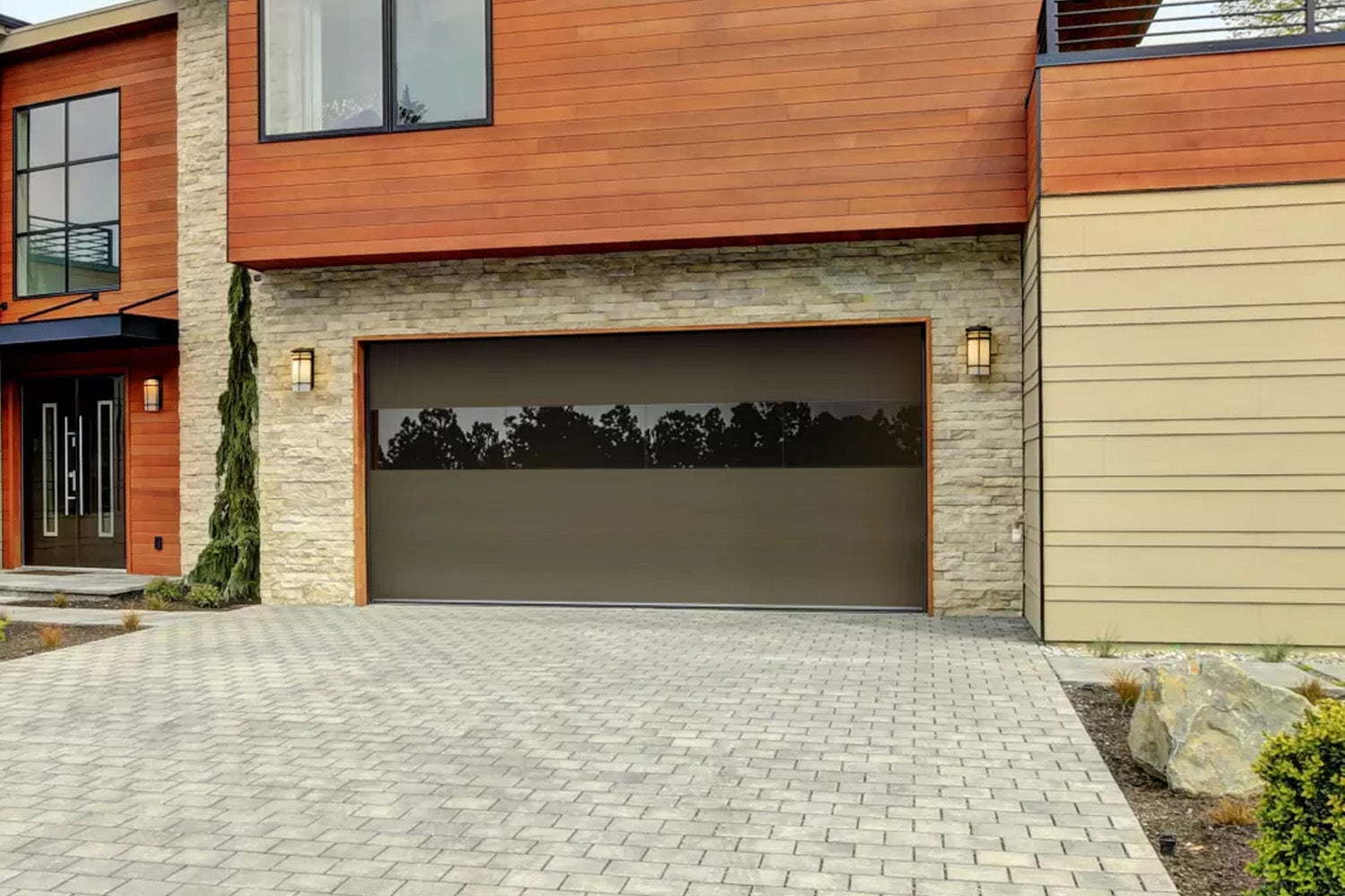 CHI Contemporary Sterling Insulated Modern Garage Doors with 2 row glass in Medium Bronze