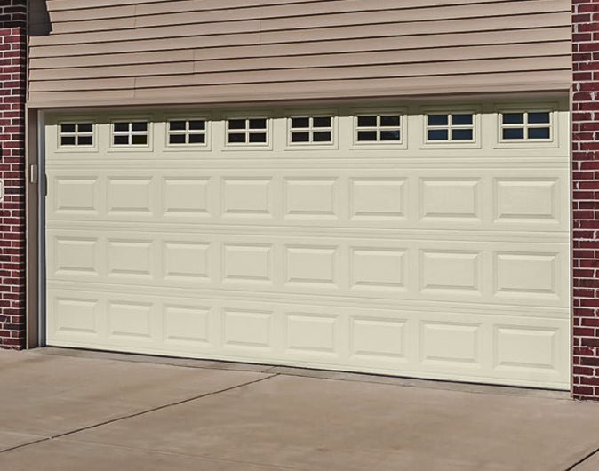 CHI Timeless Raised Panel Insulated Modern Garage Doors with Glass in Almond