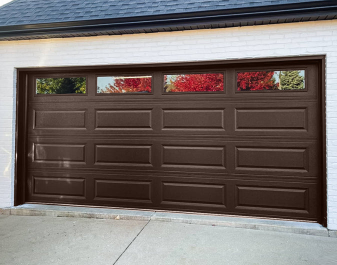 CHI Timeless Raised Panel Insulated Modern Garage Doors with Glass in Brown