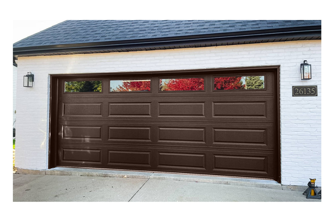 CHI Timeless Raised Panel Insulated Modern Garage Doors with Glass in Brown
