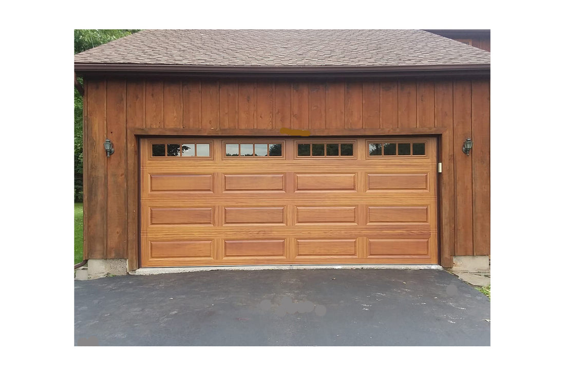 CHI Timeless Raised Panel Insulated Modern Garage Doors with Glass in Woodtone Cedar