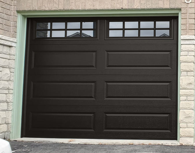 CHI Timeless Raised Panel Insulated Modern Garage Doors with Glass in Powder Coated Dark Bronze