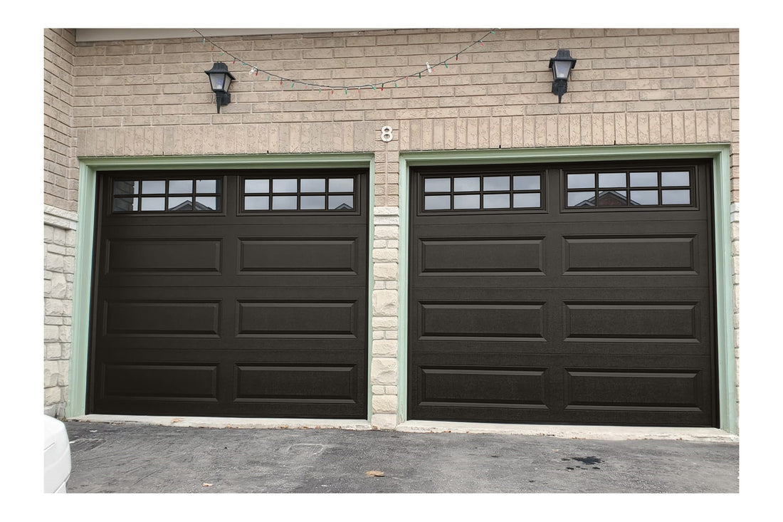 CHI Timeless Raised Panel Insulated Modern Garage Doors with Glass in Powder Coated Dark Bronze