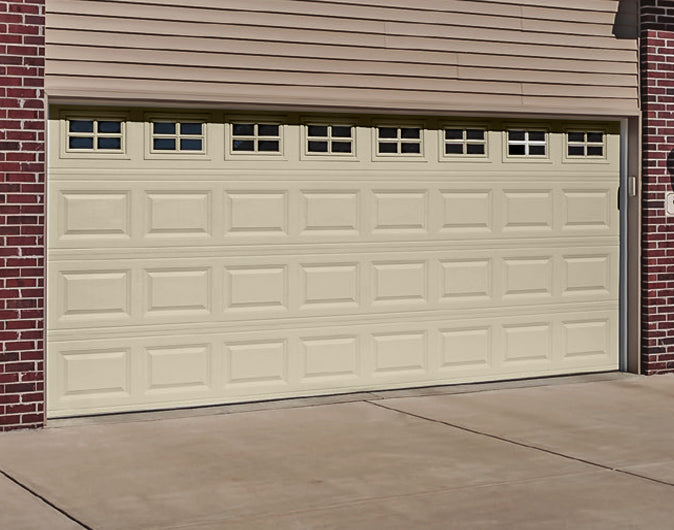 CHI Timeless Raised Panel Insulated Modern Garage Doors with Glass in Desert Tan