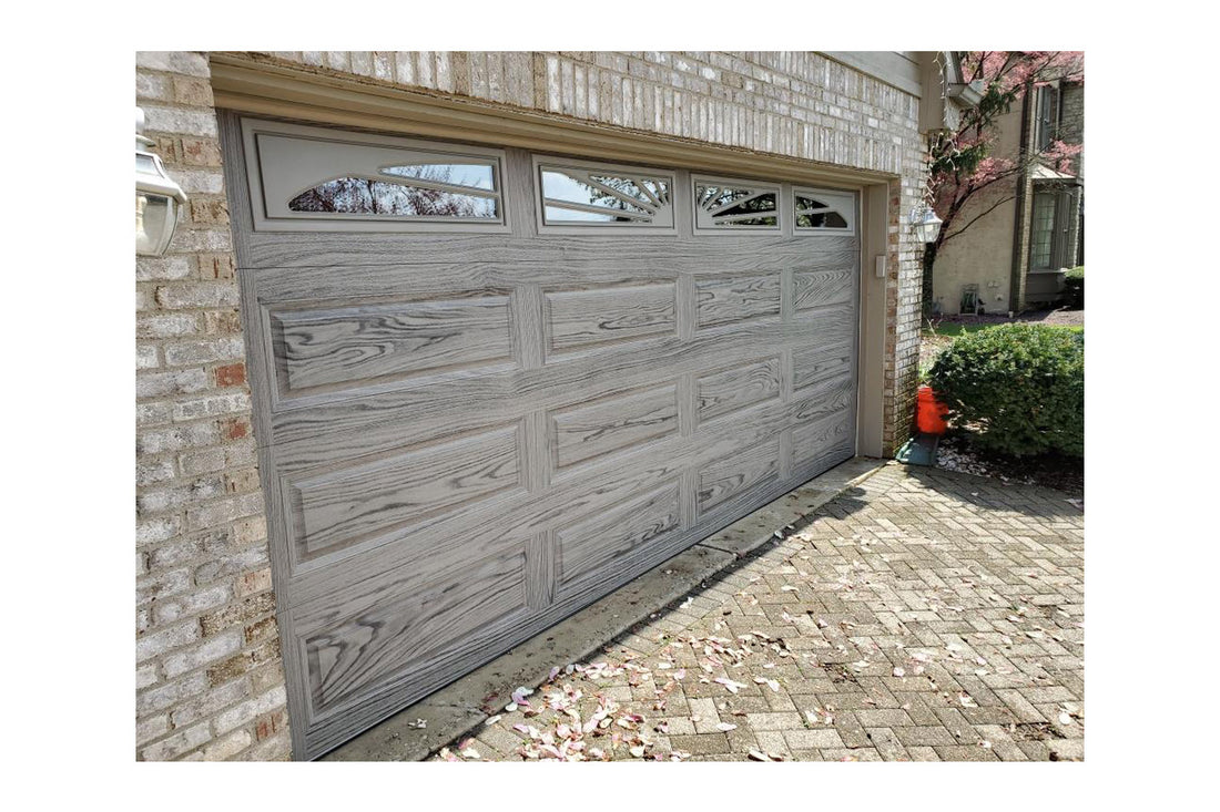 CHI Timeless Raised Panel Insulated Modern Garage Doors with Glass in Woodtone Driftwood