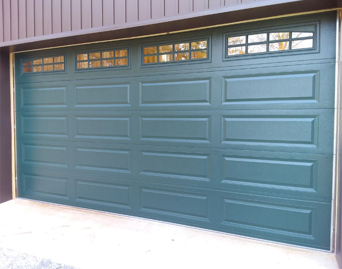 CHI Timeless Raised Panel Insulated Modern Garage Doors with Glass in Powder Coated Evergreen